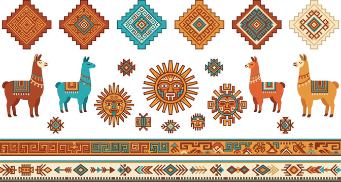 Peruvian Inca Culture Vector Illustration Set Featuring Colorful Llama Characters, Aztec Sun God Symbols, Geometric Rhombus Ornaments, and Ethnic Seamless Borders