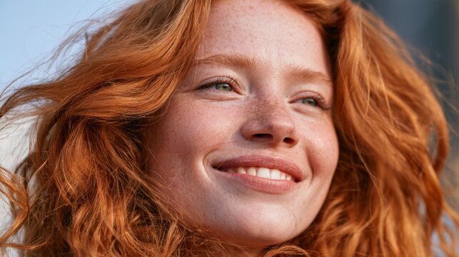 Glorious Red-Haired Woman with a Smile, Looking Upwards