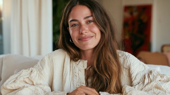 Smiling Woman in Rustic Setting, Wearing Sheer Blouse and Ponytail