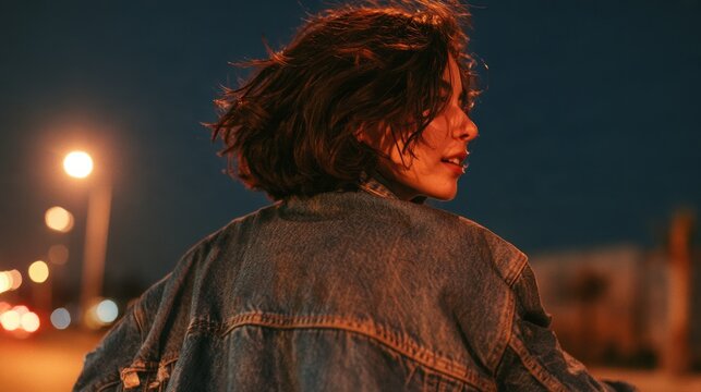 Contemplative Night Vibes, Urban Portrait, Solitary Figure, Street Light, Denim Jacket, Young Adult, Outdoor Setting, Moody Atmosphere