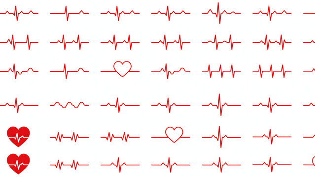 A large collection of red electrocardiogram heart rate lines and heart arranged in a grid pattern on a plain white background surface