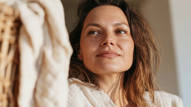 Young Woman with Freckles Looking Out, Natural Light