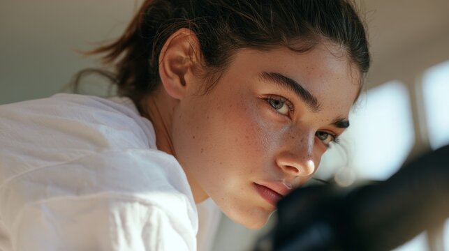 Young Woman with Serious Expression, Rifle in Background, Close-Up