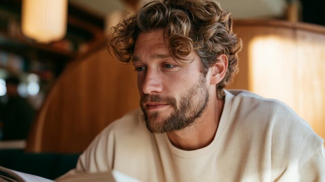 Young Man with Beard, Sunglasses, and Short Hair, Looking Down at Table