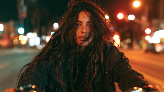 Hippie Girl on Motorcycle, Night Cityscape