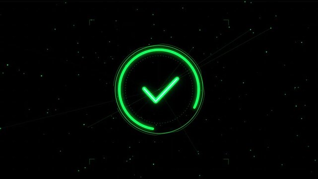 Green Glowing Check Mark Confirmation Icon with Futuristic Circular HUD