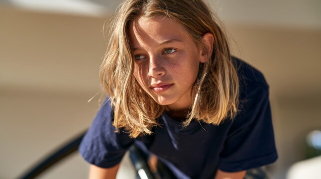 Contemplative Surfer Girl in Blue T-Shirt