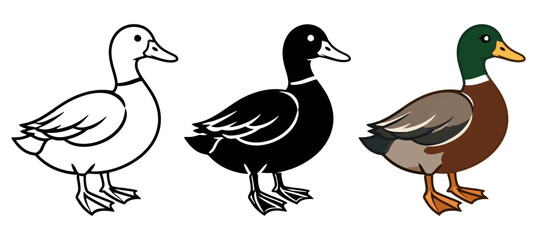Fototapeta premium Duck illustrations: black and white, silhouette, and colorful cartoon duck designs.