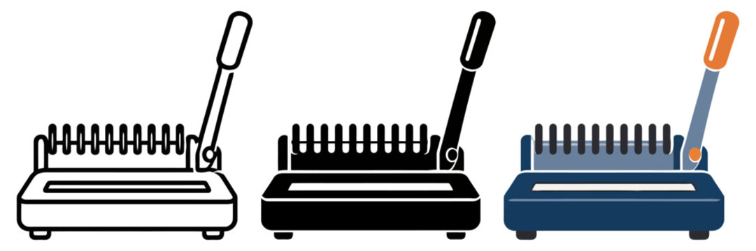 Set of three spiral binding machines in black, white, and blue variations.