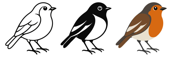 Fototapeta premium Three stylized bird illustrations in outline, silhouette, and full color.