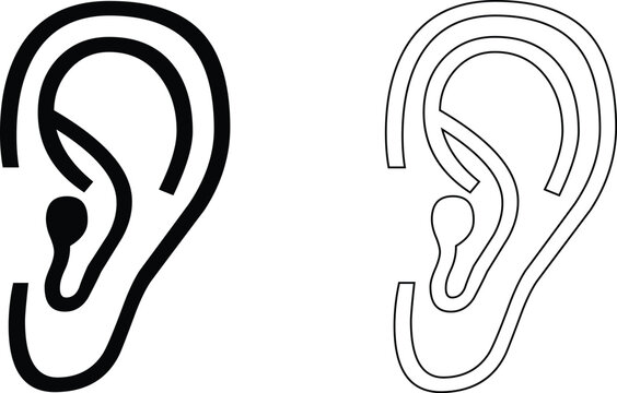 Set of human ear icons, solid black silhouette and outline style, vector illustration