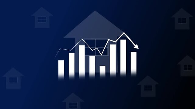 Real estate graph animation displays houses on a falling line chart. Residential property market decline reflects on real estate graph. Housing sector financial loss tracks on the real estate graph.