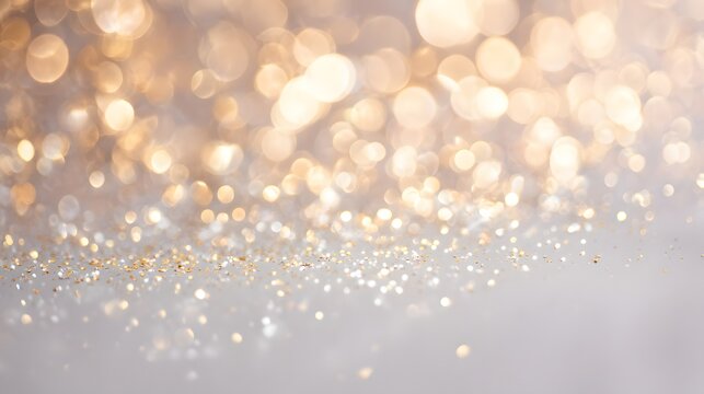 Abstract golden glitter dust and metallic specks scattered across a textured white surface, soft out of focus bokeh orb lights creating an ethereal glow. Luxurious holiday background