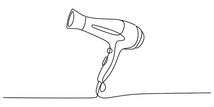 Continuous single line drawing of a hair dryer for professional salon equipment and beauty tools concept art sketch design isolated on transparent background