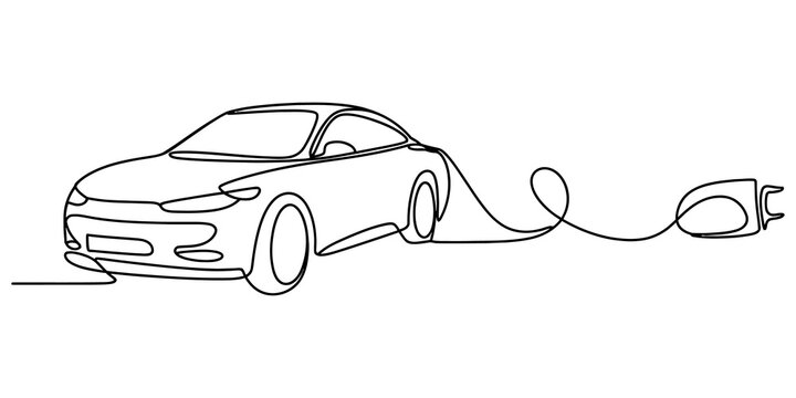 Electric car charging with a power cable plug drawn in a simple continuous single line art style for modern vehicle concepts isolated on transparent background