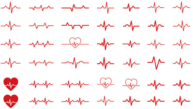 A set of red heart rate monitor lines and heart symbols arranged in a grid pattern, isolated on a clean white background, for medical use