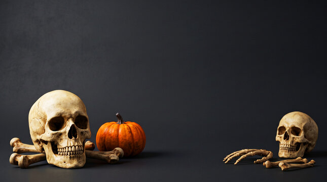 Spooky Halloween composition with human skulls and orange pumpkin on dark background
