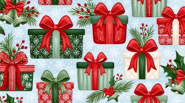Christmas gifts and winter snowflakes seamless pattern
