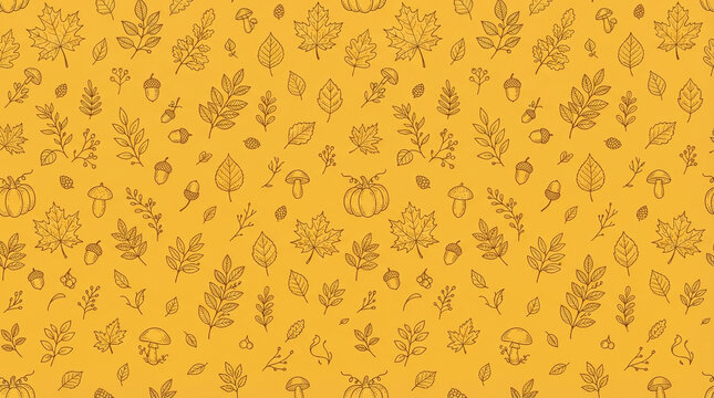 Autumn leaves and pumpkins scattered on a warm yellow background with a subtle repeating pattern