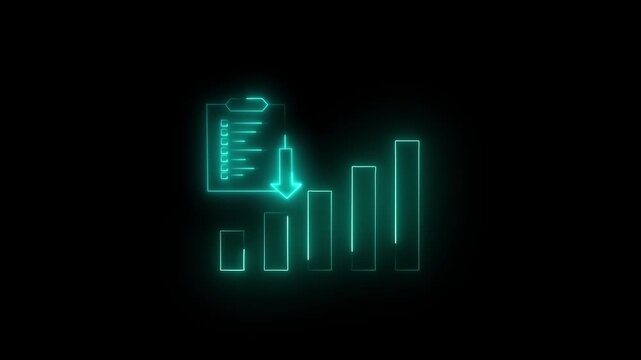 Bar chart animation displays a checklist and a downward arrow. Business task failure metrics track across this active bar chart. Negative corporate operational performance marks the bar chart.