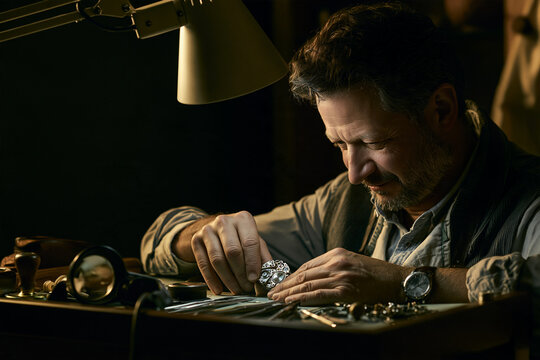 Artisan clockmaker carefully restoring a vintage timepiece at a cluttered desk in an authentic workshop