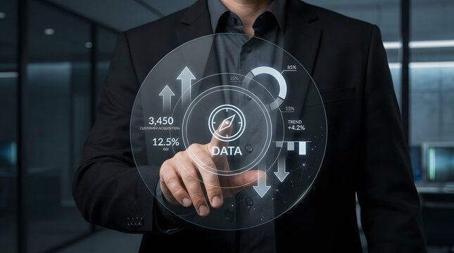 Businessman interacting with a circular data analytics interface display