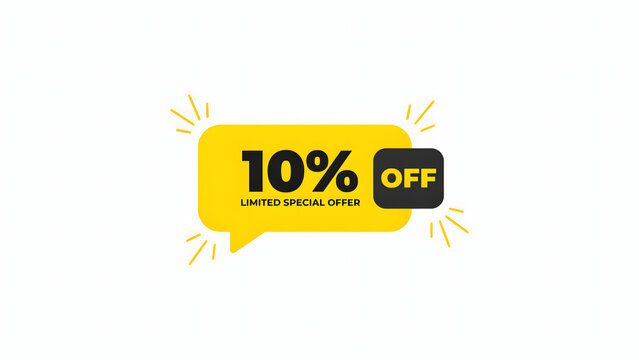 A yellow rectangular speech bubble tag with black text reading 10 percent off and limited special offer isolated on a white background