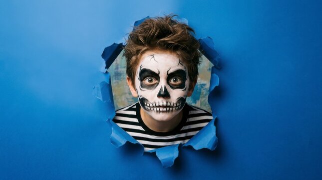 Young boy with skull face paint peeking through a torn blue paper background, looking directly at the camera for Halloween or Day of the Dead.