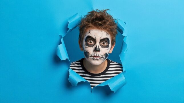 Young boy with spooky skeleton face paint peeks through a torn blue paper background, ready for Halloween or Day of the Dead celebrations.