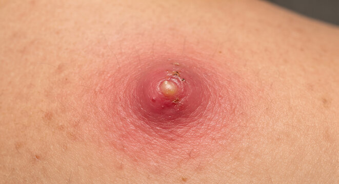 Close-up of a large, inflamed pustule or pimple on skin