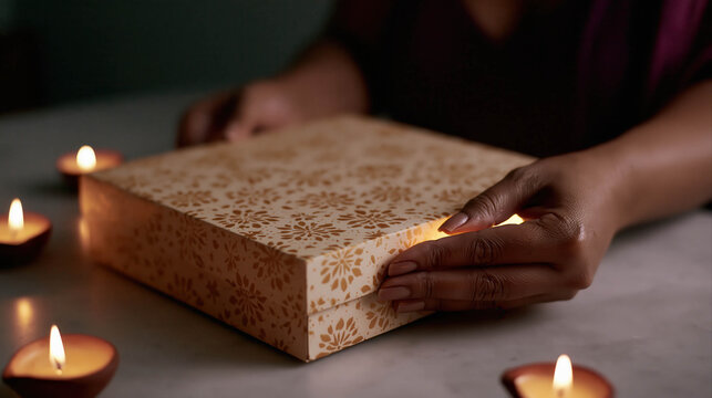 Elegant gift box with hand opening a present surrounded by warm candlelight and cosy atmosphere