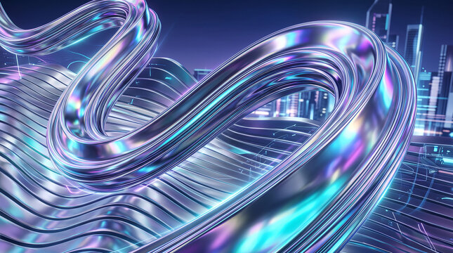 Metallic chrome ribbons flowing in endless loops over modern city skyline featuring vibrant neon light reflections for futuristic urban architectural digital visualization projects.
