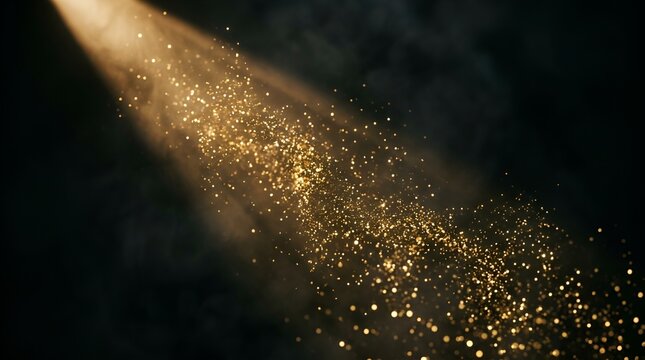 Golden glitter dust in cinematic light beam, sparkling gold particles on black background, magical glowing shimmer effect for luxury celebration