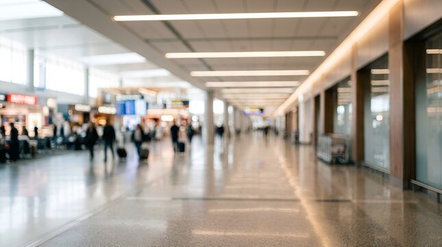 Blurred airport terminal interior with travelers, out of focus busy departure hall background, modern transportation hub with soft lighting