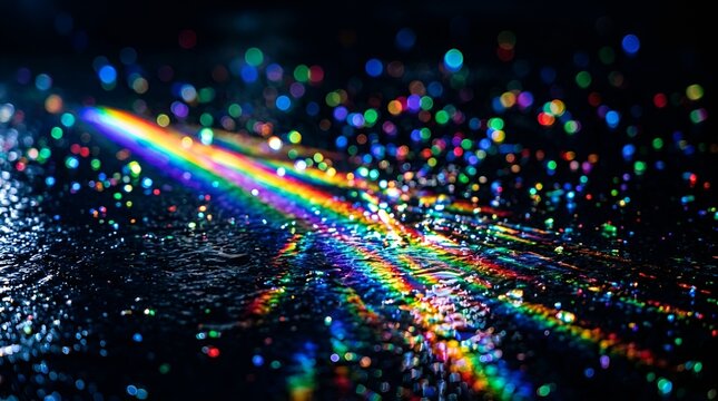 Prismatic rainbow light streak on dark textured surface, colorful bokeh glitter particles, abstract spectrum light refraction background