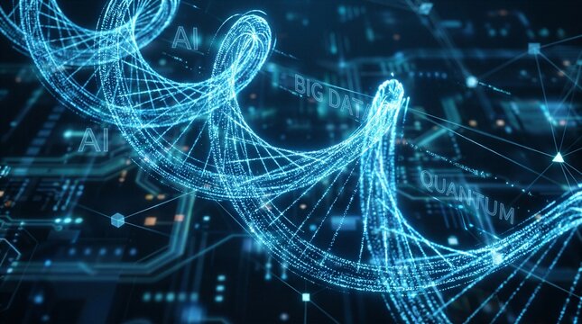 Blue glowing digital network flows over circuitry