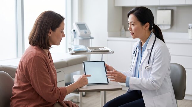 Female doctor in a white coat and stethoscope sits across from a female patient in a bright medical office, both looking at a tablet computer during a consultation.