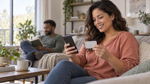 Smiling woman sits on a couch holding a smartphone and a blank card while a man reads a book in the background of a bright living room.