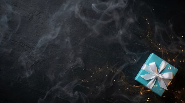 Turquoise gift box with white ribbon on dark wood with smoke and bokeh