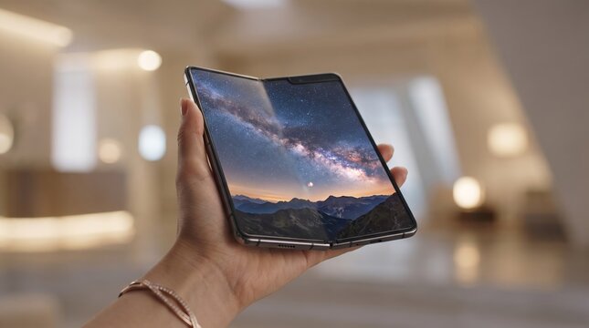 Hand holds a foldable smartphone displaying a vivid night sky wallpaper of the Milky Way over mountains against a softly blurred warm interior background.