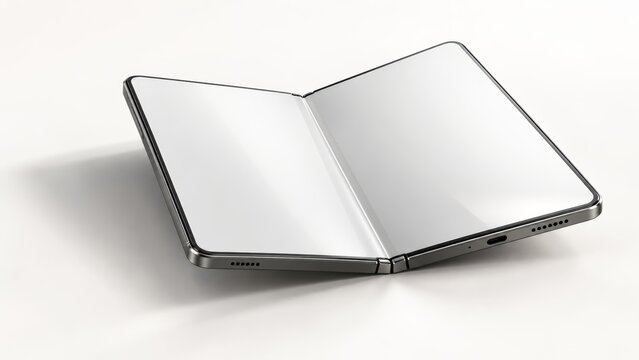 Sleek foldable smartphone is displayed open with two blank screens and a metallic frame on a white background.