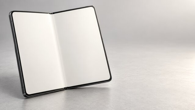 Modern foldable smartphone is shown open with two blank white screens against a clean gray background.