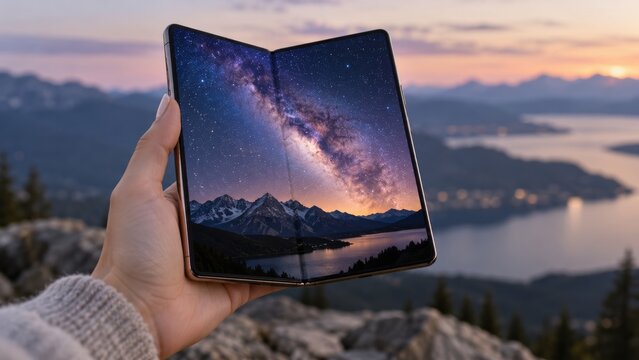 Person holds an open foldable smartphone displaying a vibrant night sky with the Milky Way and mountains against a blurred outdoor landscape at sunset.