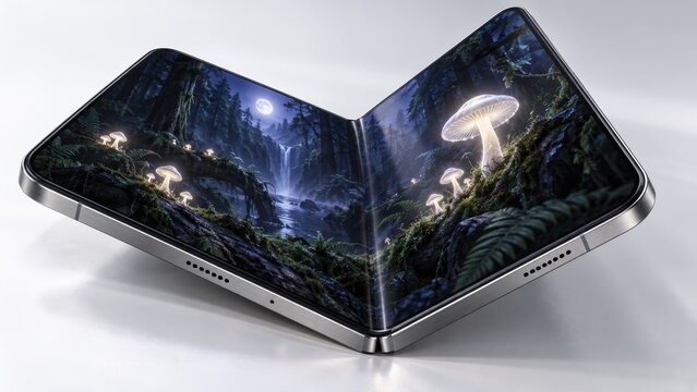 Modern foldable smartphone stands open to reveal a seamless display of a mystical forest with glowing mushrooms and a waterfall.