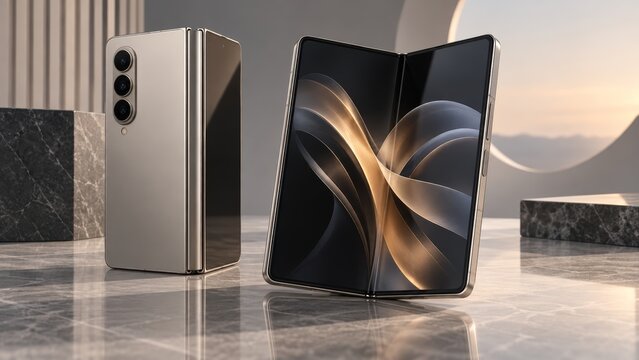 Two luxury gold foldable smartphones are displayed on a polished marble surface, showcasing their sleek design and vibrant screens.