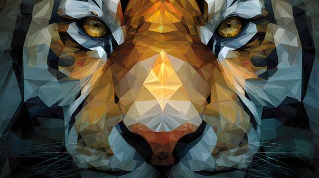 Geometric Tiger Face Made of Glowing Polygons for Wildlife Design