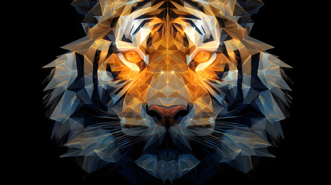 Geometric Tiger Face Made of Glowing Polygons for Wildlife Design
