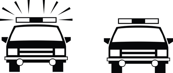 Police car icons, one with flashing emergency lights and one without, solid black silhouette and outline style, vector illustration © MDSharif