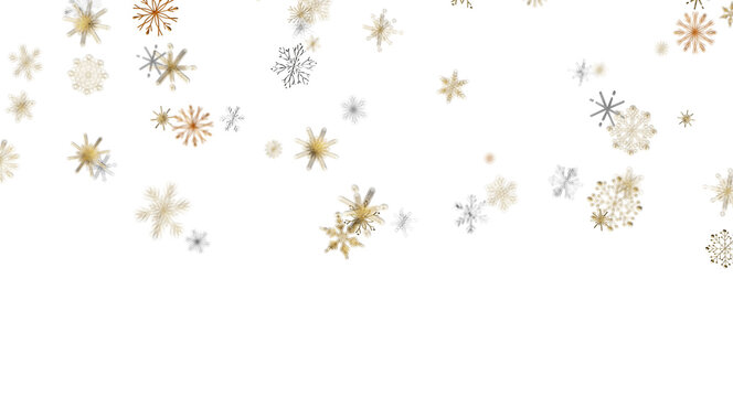 Abstract pattern of shimmering gold and silver snowflakes falling on a black background.