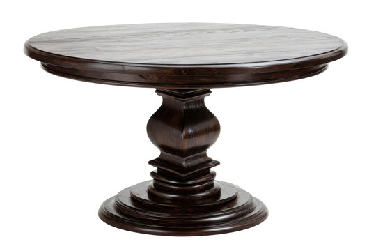 Elegant round wooden pedestal dining table isolated on transparent background. Round wooden cake stand with decorative pedestal isolated on white background.